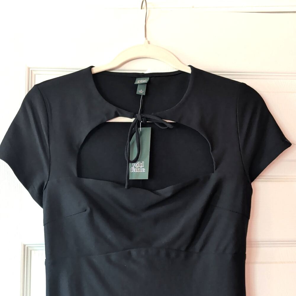 Wild Fable Black Cut Out Mini Dress Small Tie Front Bodycon Going Out Dress NWT - Picture 2 of 8